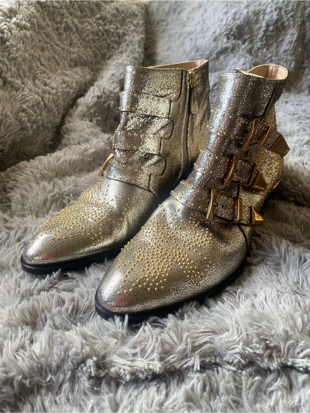 Chloé Gold Metallic Susanna Studded Buckle Boots Size 39.5/US 9.5